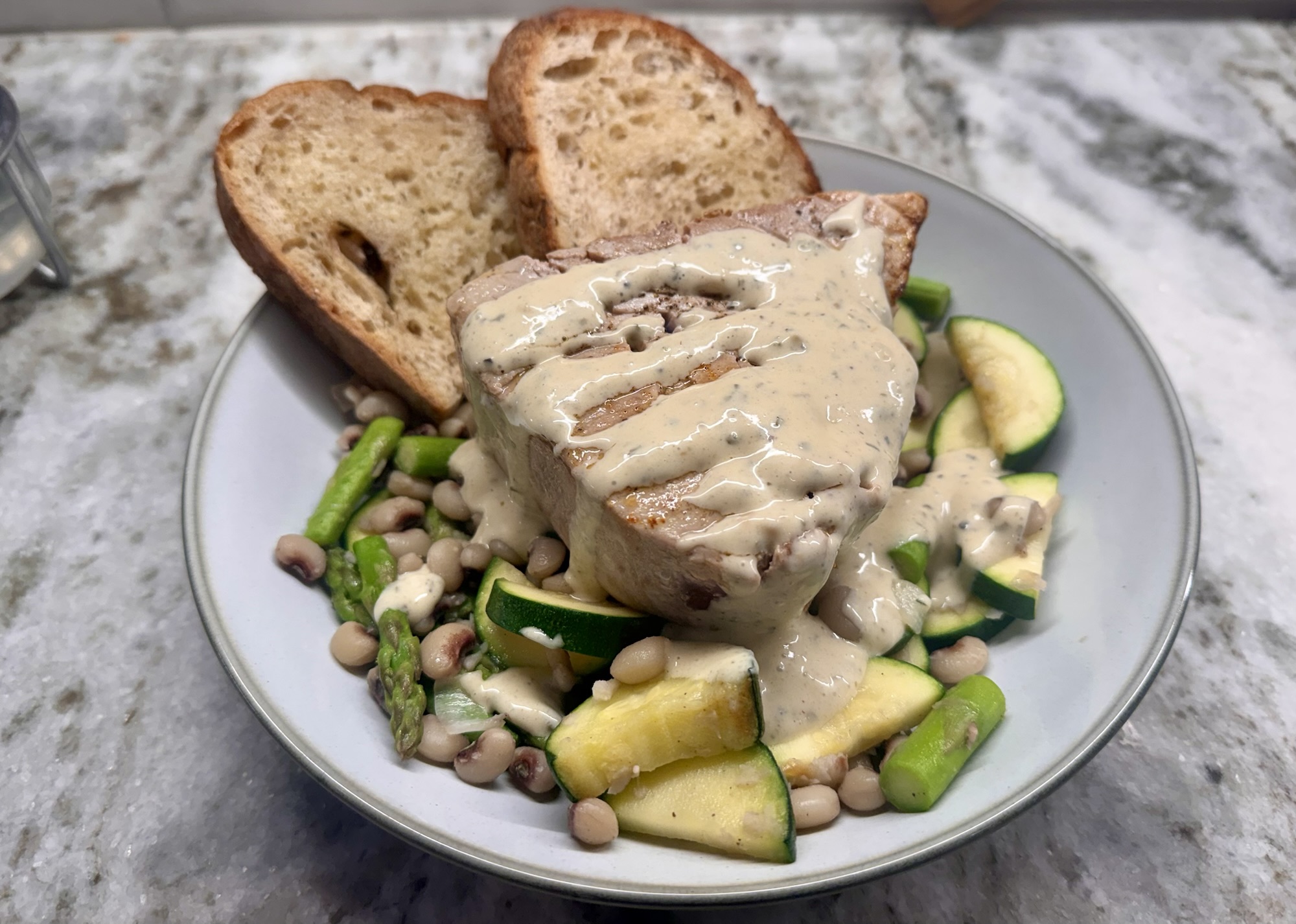 Tuna over succotash with Green Goddess Dressing